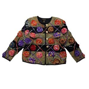 Vintage 90s Julia Kim PL 100% Silk Floral Applique Art to Wear Jacket